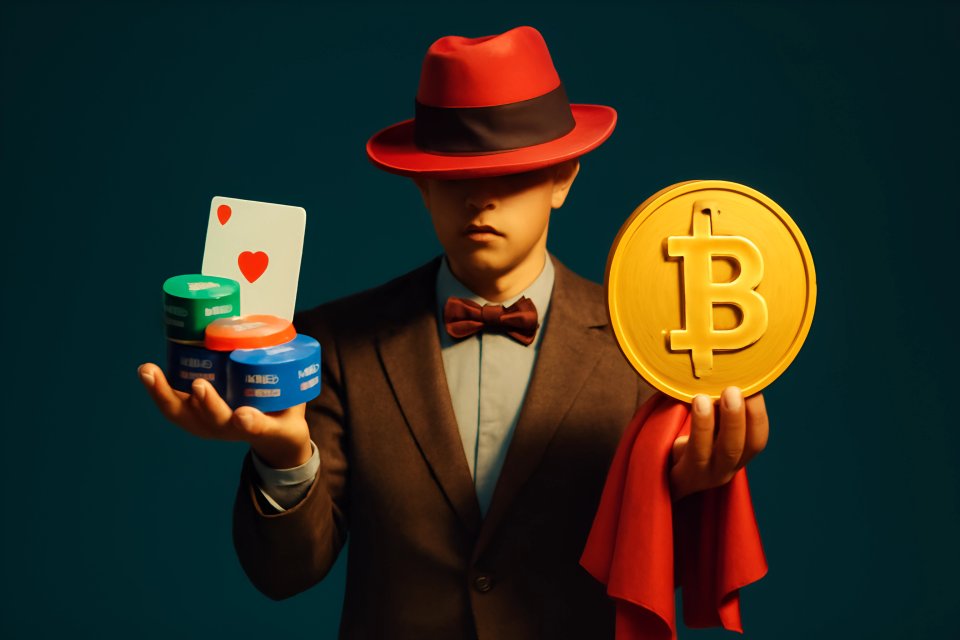 Uomo con Bitcoin e fiches da poker