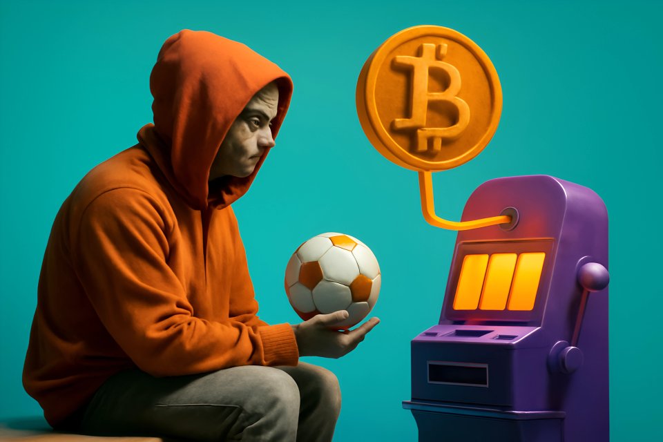 Pallone da calcio e slot machine a tema Bitcoin