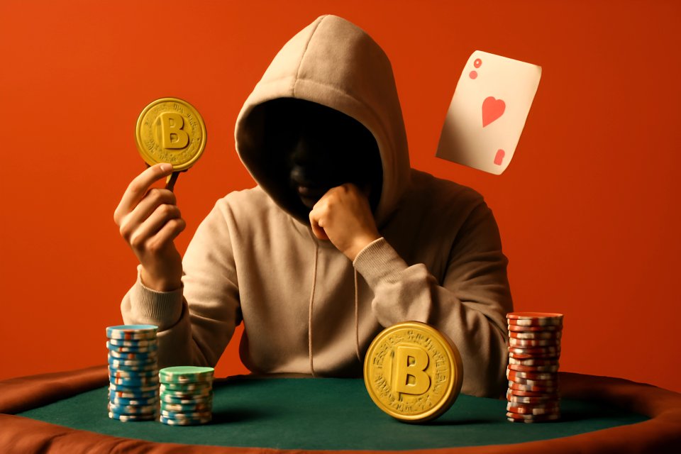 Giocatore d'azzardo con Bitcoin e fiches da poker