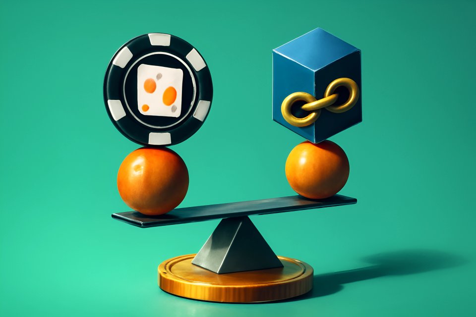 Fiches da casinò e cubo blockchain in bilico