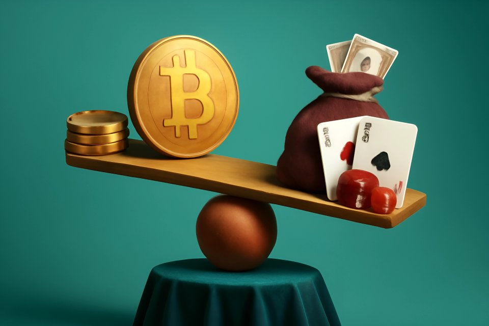 Immagine che mostra l'equilibrio tra Bitcoin e il mondo del gioco d'azzardo