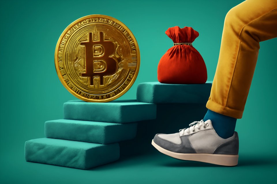 Icona di una moneta Bitcoin e di un sacco di denaro