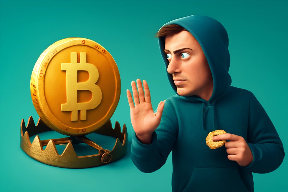 Trappola Bitcoin con un personaggio titubante