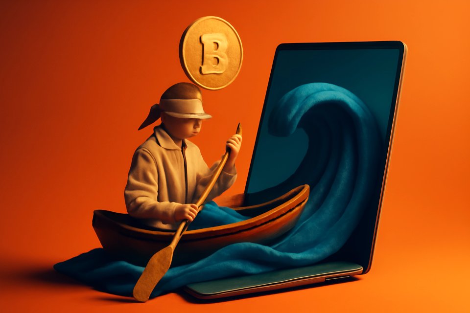 Persona in barca su un'onda di criptovalute