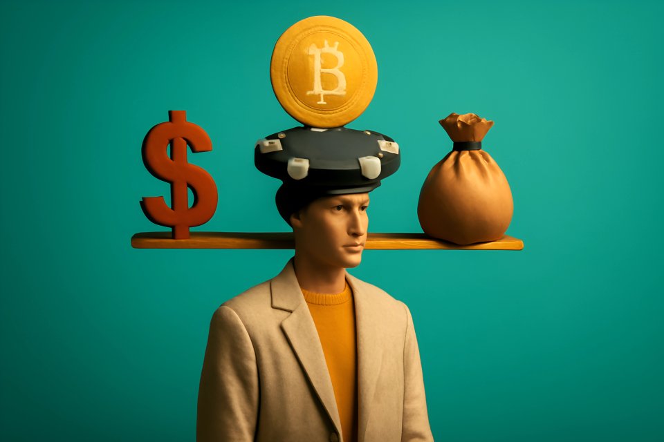 Manichino con Bitcoin e simbolo del dollaro