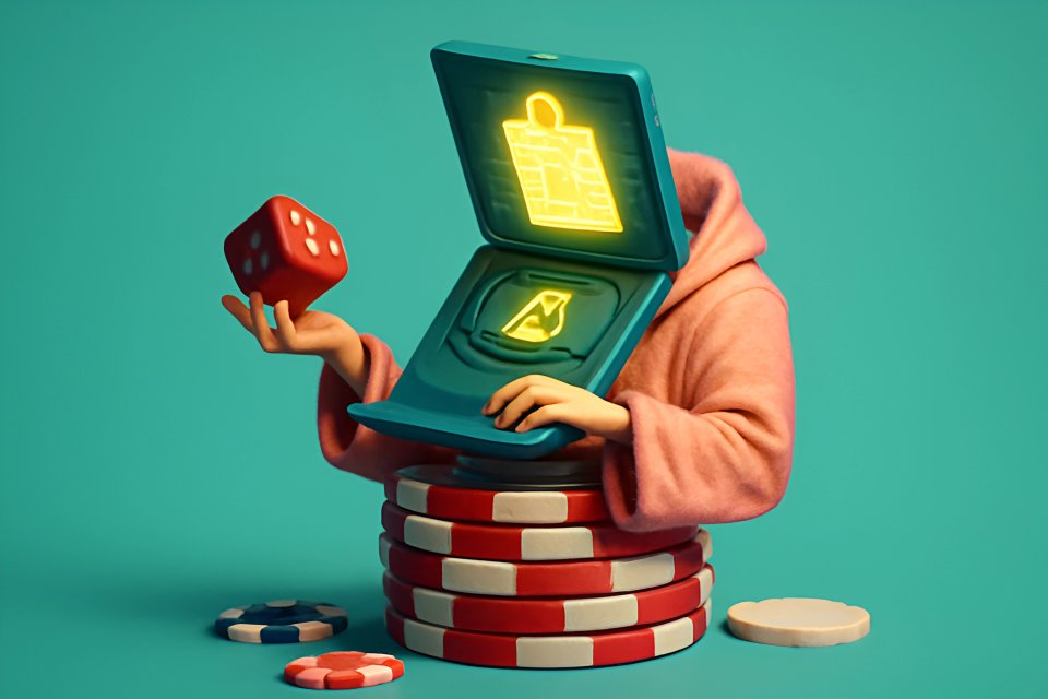 Figura senza volto con un dispositivo da gioco e dadi