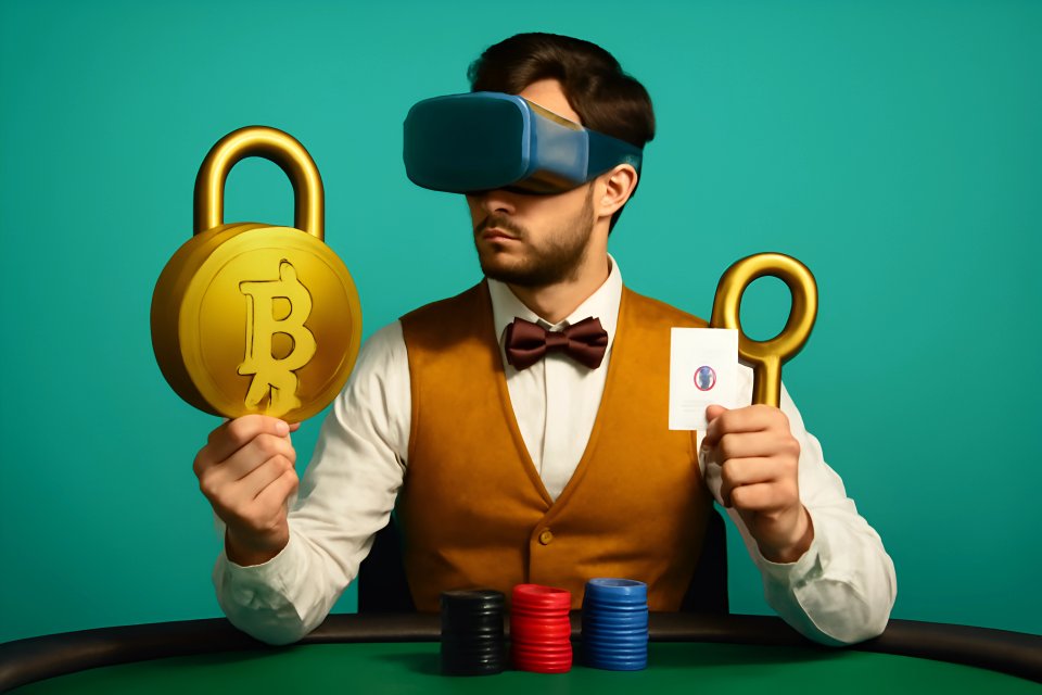 Uomo che gioca a poker con un visore VR