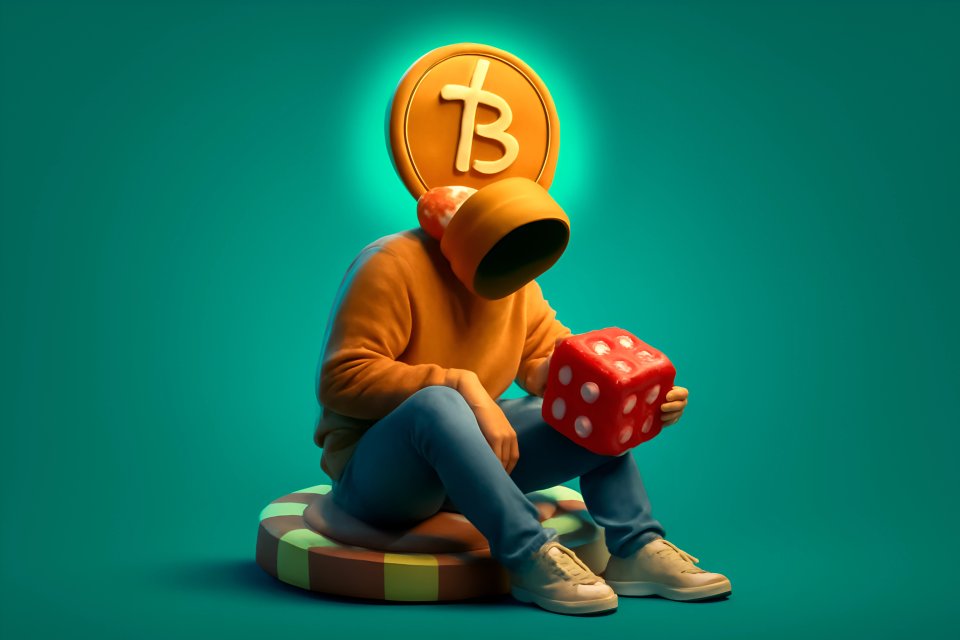 Figura senza volto con dadi di criptovaluta