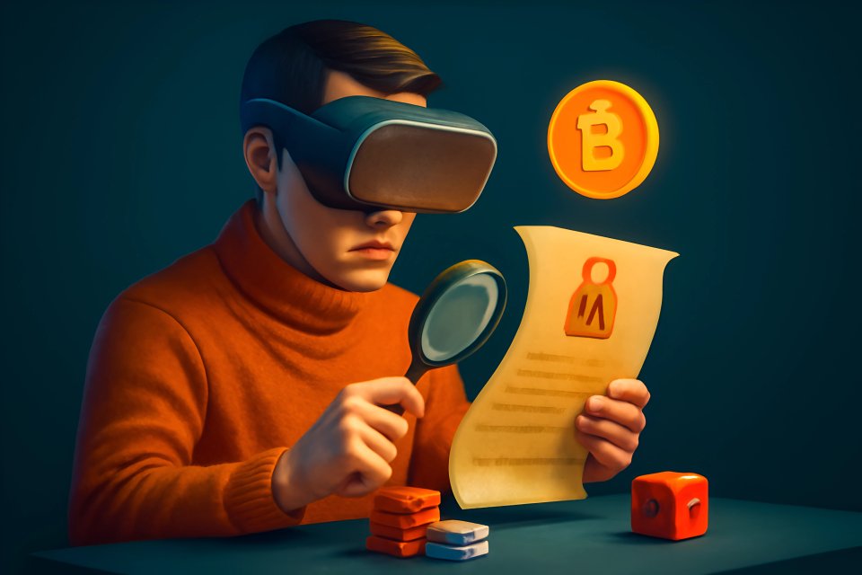 Usuário imerso em realidade virtual analisando um documento de Bitcoin
