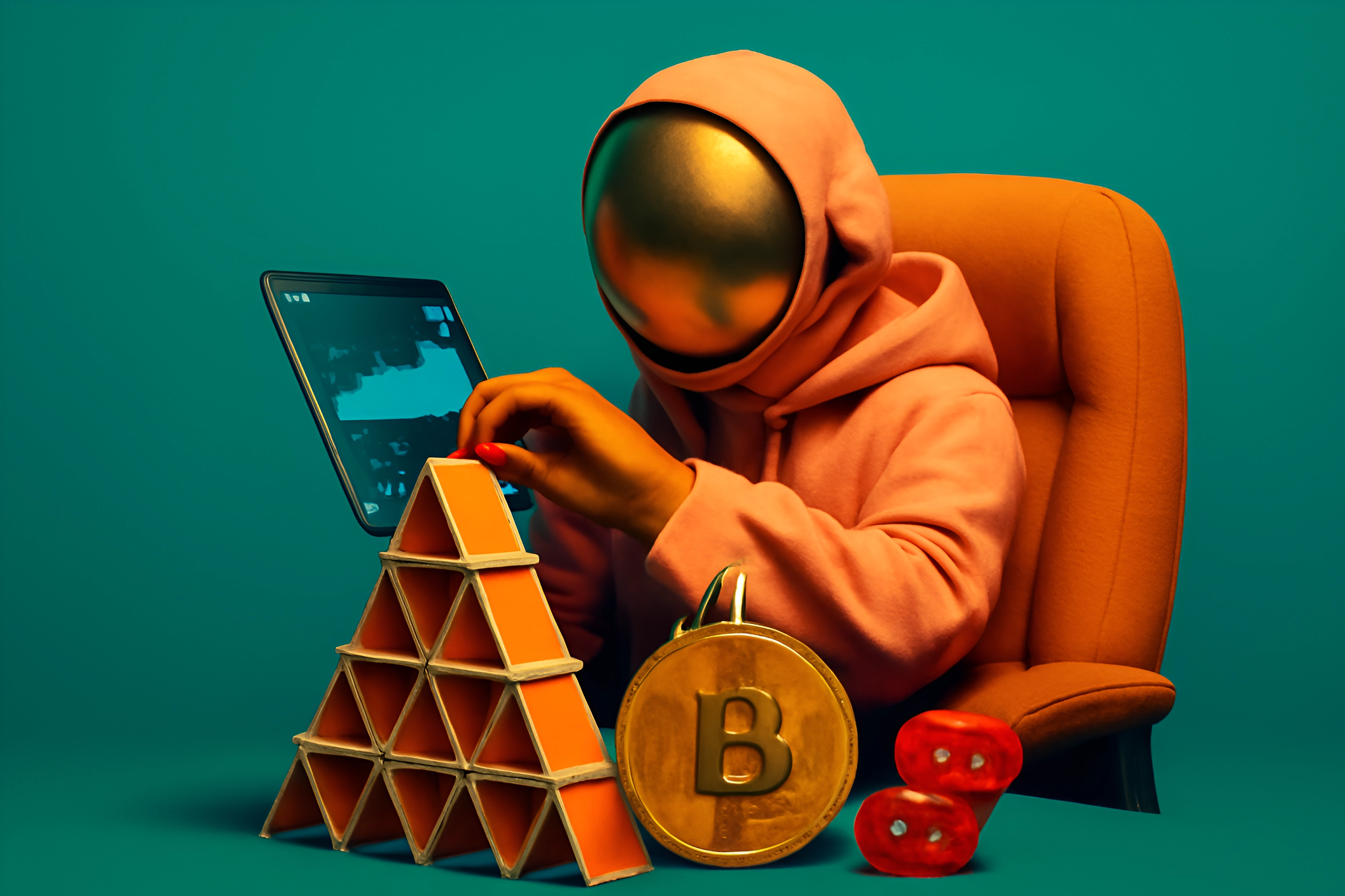 Pirâmide de criptomoedas com uma figura de capacete dourado