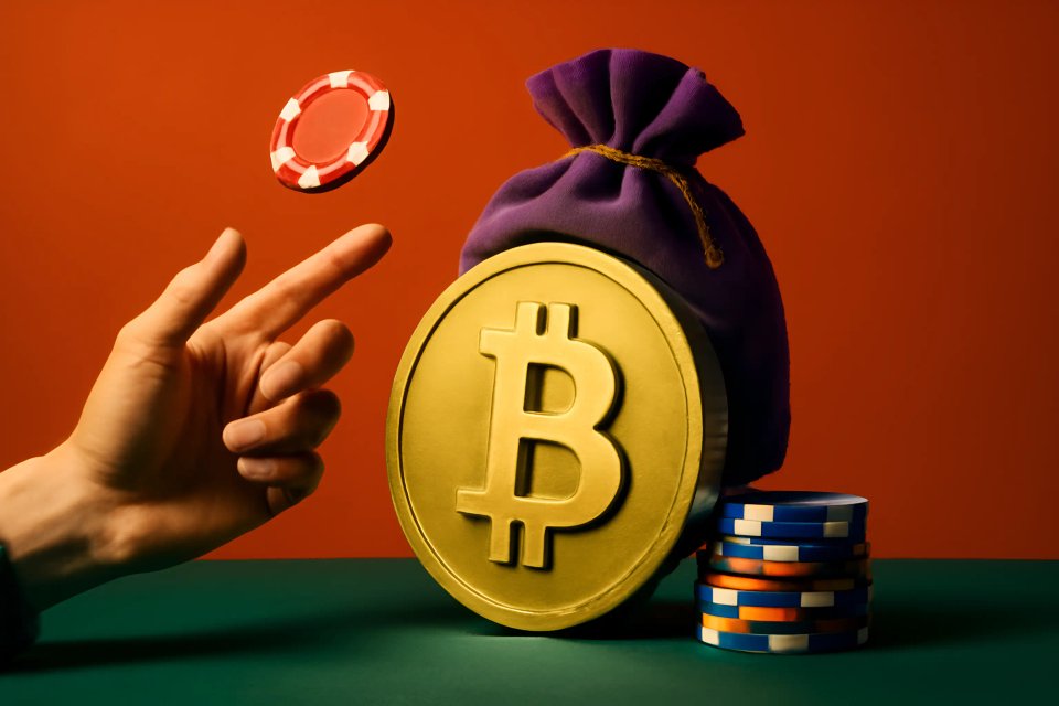 A hand tossing a poker chip above a large gold Bitcoin coin next to a purple bag and stacks of colorful casino chips, symbolizing online gambling and cryptocurrency.