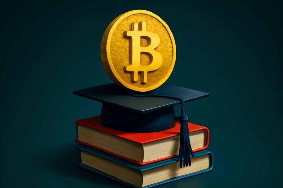 A golden Bitcoin symbol resting on a graduation cap, positioned atop two stacked books, symbolizing the intersection of cryptocurrency and education.