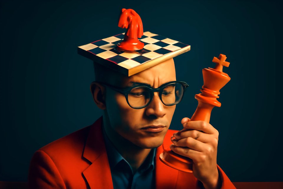 A thoughtful man in a red blazer contemplates a chess piece while balancing a chessboard with a knight on his head, symbolizing strategic thinking in chess.