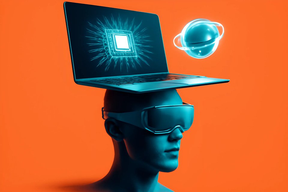 A person wearing virtual reality glasses with a laptop displaying a microchip above their head, set against an orange background, symbolizing advanced technology and innovation.