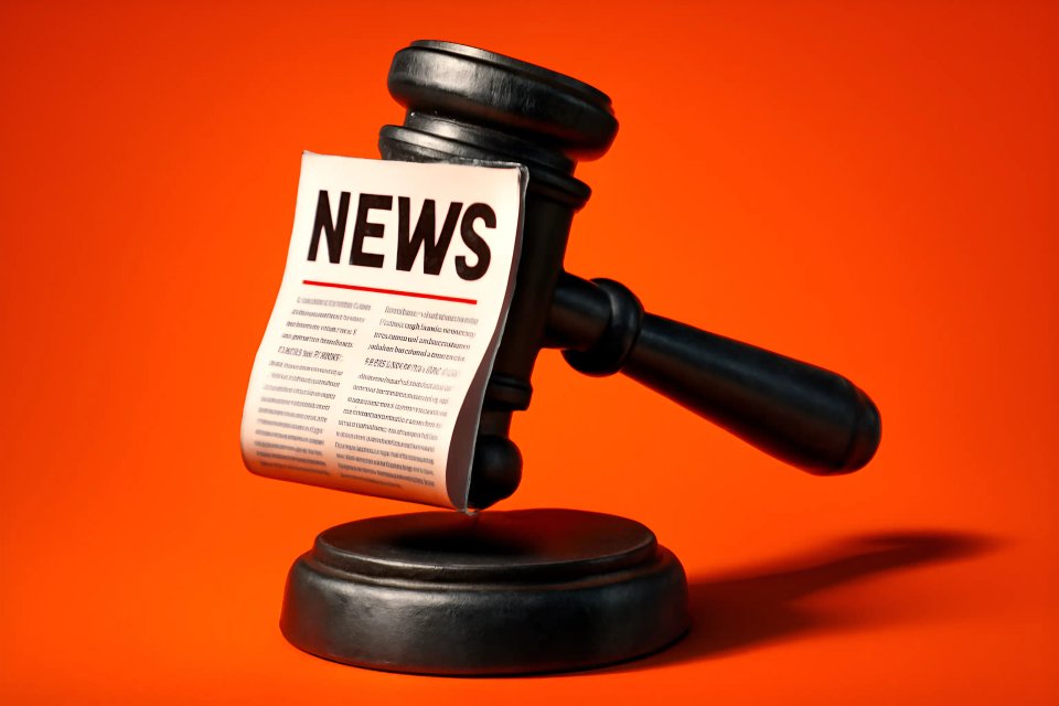 A gavel resting on a base with a piece of paper displaying the word "NEWS" prominently, set against an orange background.