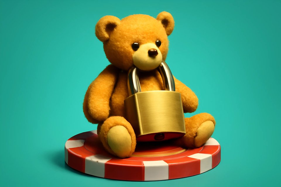 A plush teddy bear sitting on a circular base, secured with a golden padlock, against a vibrant turquoise background.